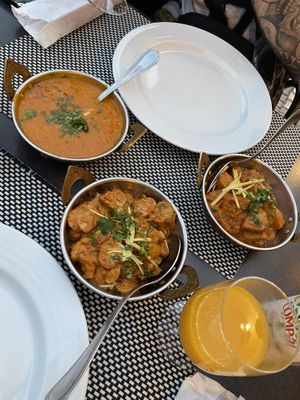 Left to right: Daal Tarka, Mushroom Masala, Bombay Aloo. We also got basmati rice. Absolutely delish! Medium spice option was perfect for us.  at Masala House in Portimao