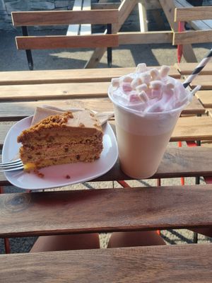 Biscuit caramelised cake and a gingerbread milkshake at Plant by Kat's Kitchen in Keswick