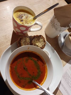 Tomato & basil soup and a roll. at Plant by Kat's Kitchen in Keswick