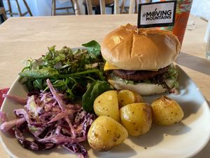 Burger with spuds and salad.  at Plant by Kat's Kitchen in Keswick