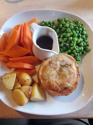 Pie of the day (fake chicken and mushroom) with seasonal veg. Pastry superb 👌 at Plant by Kat's Kitchen in Keswick
