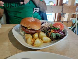 Delicious burger plate at Plant by Kat's Kitchen in Keswick