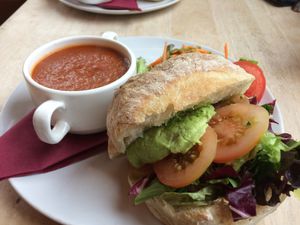 Tomato soup and avocado sandwich  at Plant by Kat's Kitchen in Keswick