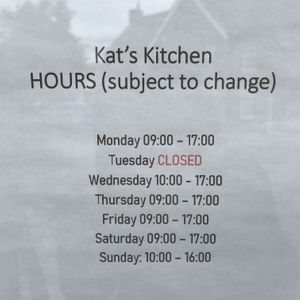 Opening hours as at July 2020 at Plant by Kat's Kitchen in Keswick