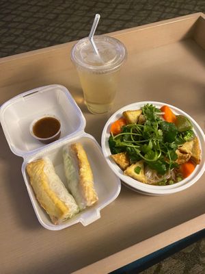 Tofu spring rolls, fresh coconut water, and the broccoli, carrot, tofu pho. at Pho Pier 77 in Panama City Beach