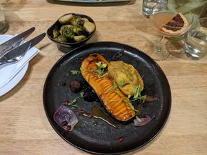 Hassleback squash with potato and leek cake at The Allotment in Manchester