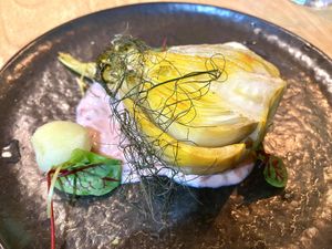 Saffron confit fennel, chilli and caraway
yoghurt, pickled apple balls #Veganuary at The Allotment in Manchester