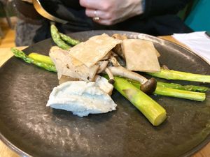 Puff pastry shards, poached asparagus,
wild mushrooms, blue cheese cream #Veganuary at The Allotment in Manchester