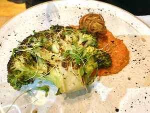 Charred broccoli steak, romesco sauce,
smoked almonds, potato nests, olive dusts #Veganuary at The Allotment in Manchester