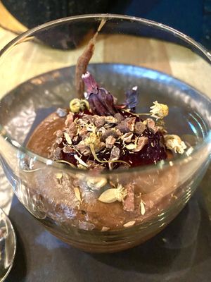 Dark chocolate mousse, hibiscus gel, cocoa
nibs with camomile blossom #Veganuary at The Allotment in Manchester