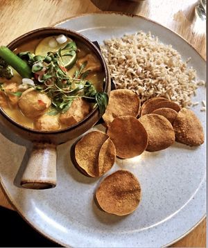 Tofu Laska served with rice and poppadoms  at The Allotment in Manchester