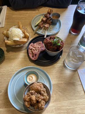 cauliflower wings, ‚meat balls‘, tofu skewers & chips   at The Allotment in Manchester
