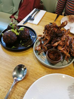 Soy glazed potato balls (left) and leek bhaji (right) at The Allotment in Manchester