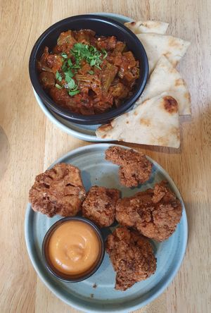 Okra starter and cauliflower wings starter at The Allotment in Manchester