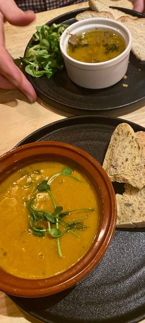 Walnut pâté and carrot soup  at The Allotment in Manchester
