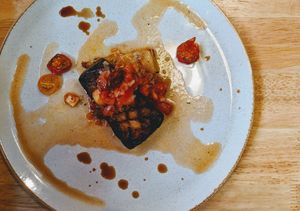 Confit Aubergine, Potato Terrine, Tomato Salsa and Roast Tomatoes at The Allotment in Manchester