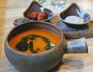 Red Lentil and Tomato Soup with Beignets and mushroom mousse at The Allotment in Manchester