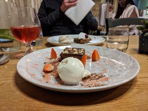 Hazelnut torte with vegan ice cream at The Allotment in Manchester