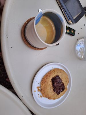 Coffee and cookie after a great meal! at Joy Healthyfood in Montpellier