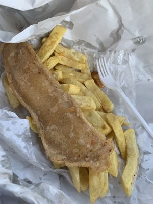 Battered vish and chips  at The Veggie Chippy in Birmingham