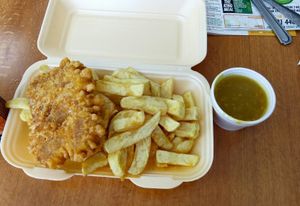 'vod' and chips with curry sauce  at The Veggie Chippy in Birmingham