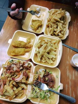 battered Vod and chips, 2 chicken legs and donner kebab! delicious! at The Veggie Chippy in Birmingham