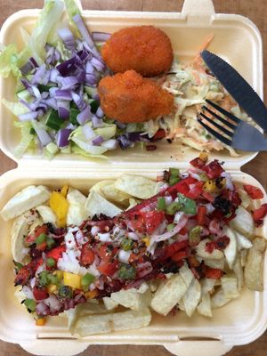 Fish & chips with a side of chicken  at The Veggie Chippy in Birmingham