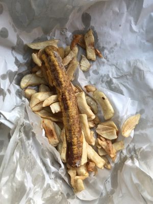 Jumbo battered sausage and chips  at The Veggie Chippy in Birmingham