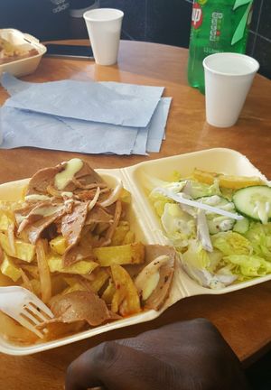 Vonner and Chips with salad at The Veggie Chippy in Birmingham