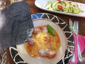 Delicious beet gnocchi with Sardinian Casarau bread at Ataya Caffe at ATAYA in Berlin