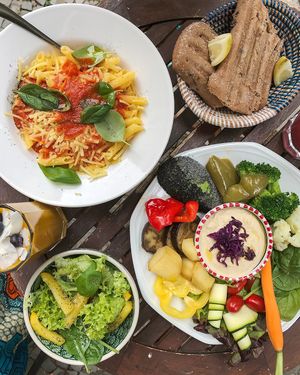 Hummus Plate, gluten-free ciabatta. gluten-free pasta with home-made tomato sauce and smoothies.  at ATAYA in Berlin