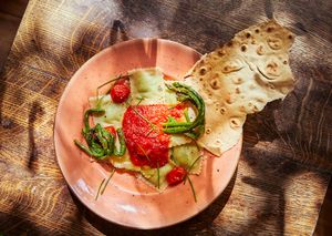 Homemade Ravioli filled with asparagus with Sardinian fresh tomato sugo ! at ATAYA in Berlin