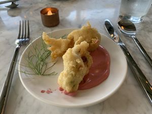 Stuffed zucchini blossoms  at Parlor City Vegan in Binghamton
