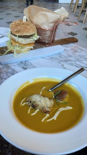 soup and maxine burger at Parlor City Vegan in Binghamton