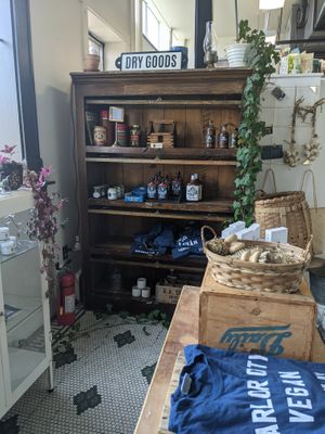 Parlor City Vegan merch corner at Parlor City Vegan in Binghamton