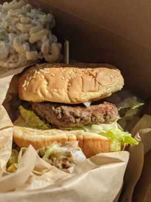 Big Maxine w/ mac and cheese at Parlor City Vegan in Binghamton