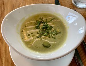 Spring pea and ramp soup  at Parlor City Vegan in Binghamton