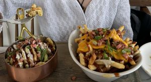 Mac & fries with all the good stuff  at Parlor City Vegan in Binghamton