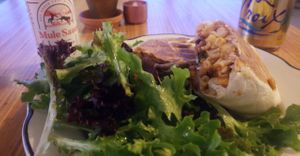 Garbage Plate Burrito! This was packed in a crunchy tortilla with mac and cheese, fries, slightly spicy chili and greens. Comes with a side of lightly dressed greens. Delicious! at Parlor City Vegan in Binghamton