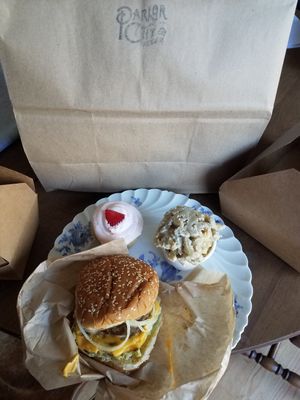 Take-out Big Maxine, Truffle Mac & Cheese, & Strawberry Lemonade Cupcake at Parlor City Vegan in Binghamton