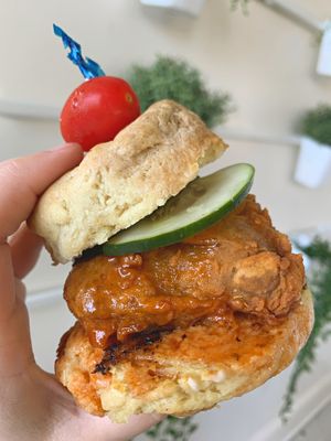 House made Fried Chicken Biscuit at Parlor City Vegan in Binghamton