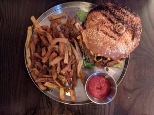 Original burger with fries and bacon at Modern Love in Brooklyn