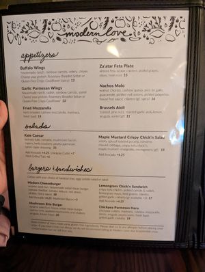 Menu 1 at Modern Love in Brooklyn
