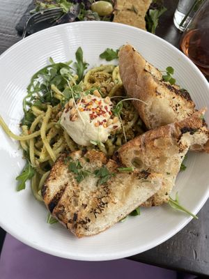 Pasta pesto burrata with garlic bread  at Modern Love in Brooklyn