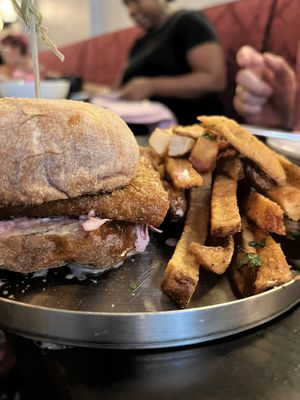 Honee’ Chicken Burger with fries   at Modern Love in Brooklyn