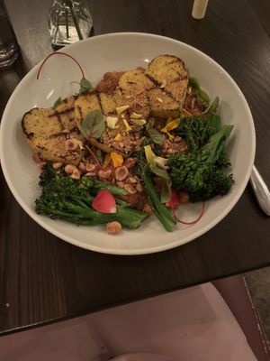 polenta dish with hazelnut romesco chickpeas and charred broccolini  at Modern Love in Brooklyn