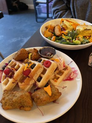Seitan Waffles and tufu benedict  at Modern Love in Brooklyn