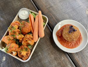 Cauliflower Hot Wings and Potato and Cheese Ball (Arancini) with Marinara   at Modern Love in Brooklyn