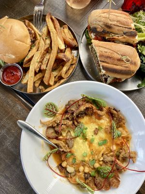 Lentil-Beet Burger, Chickpea Parmesan Hero, Shroom and Griits   at Modern Love in Brooklyn