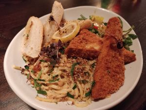 Pasta alfredo with tofu fried chicken at Modern Love in Brooklyn